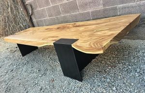 Live edge elm slab and steel plate coffee table