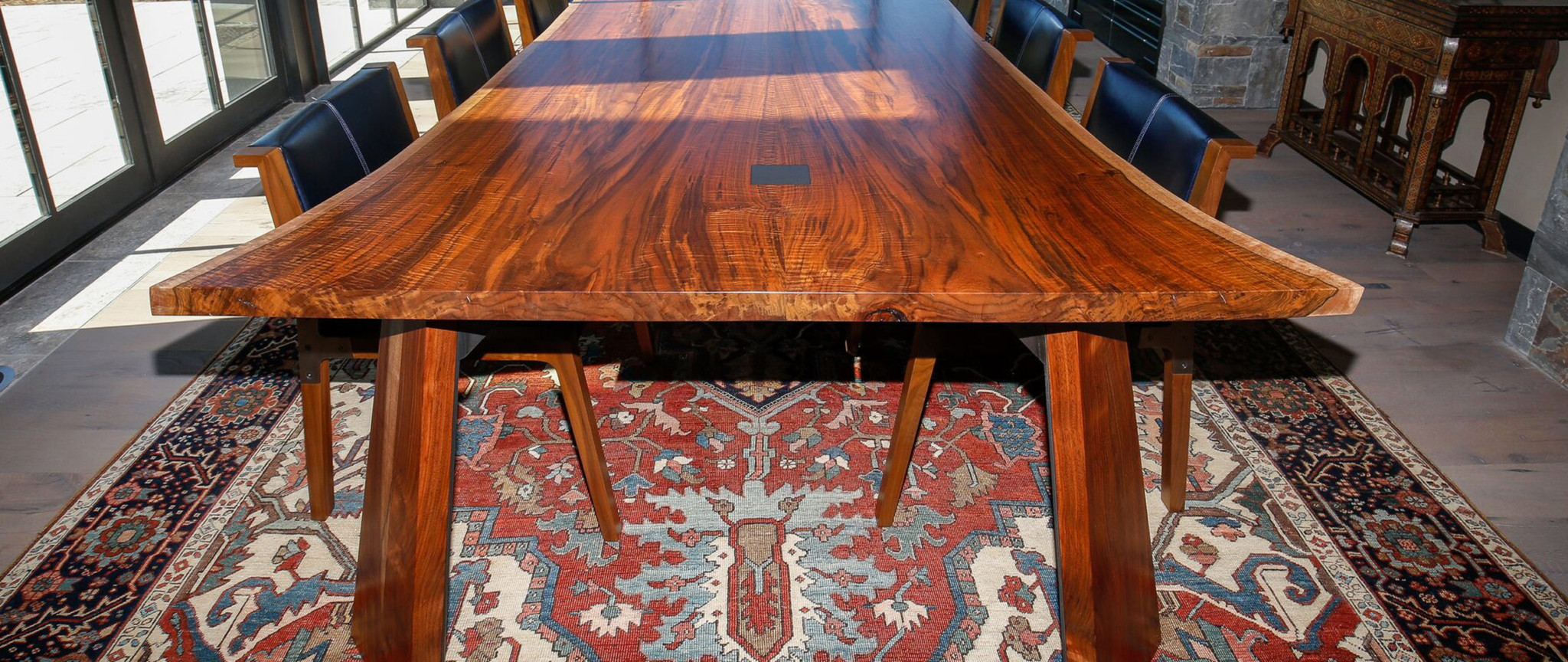 Bookmatched Walnut Slab Table with Steel Inlays