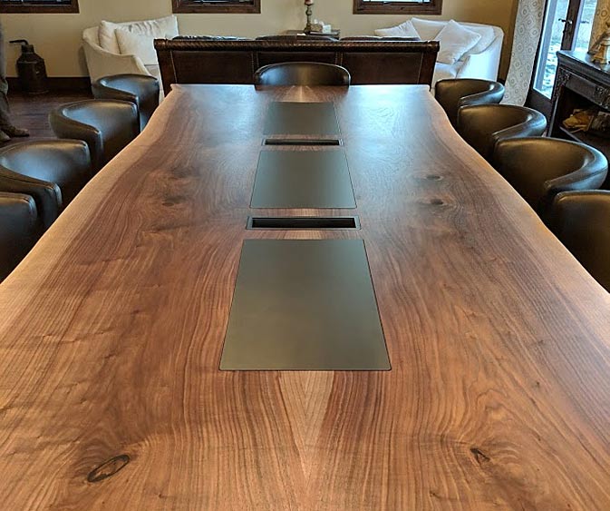 Book Matched Walnut Dining Table with Inlaid Steel