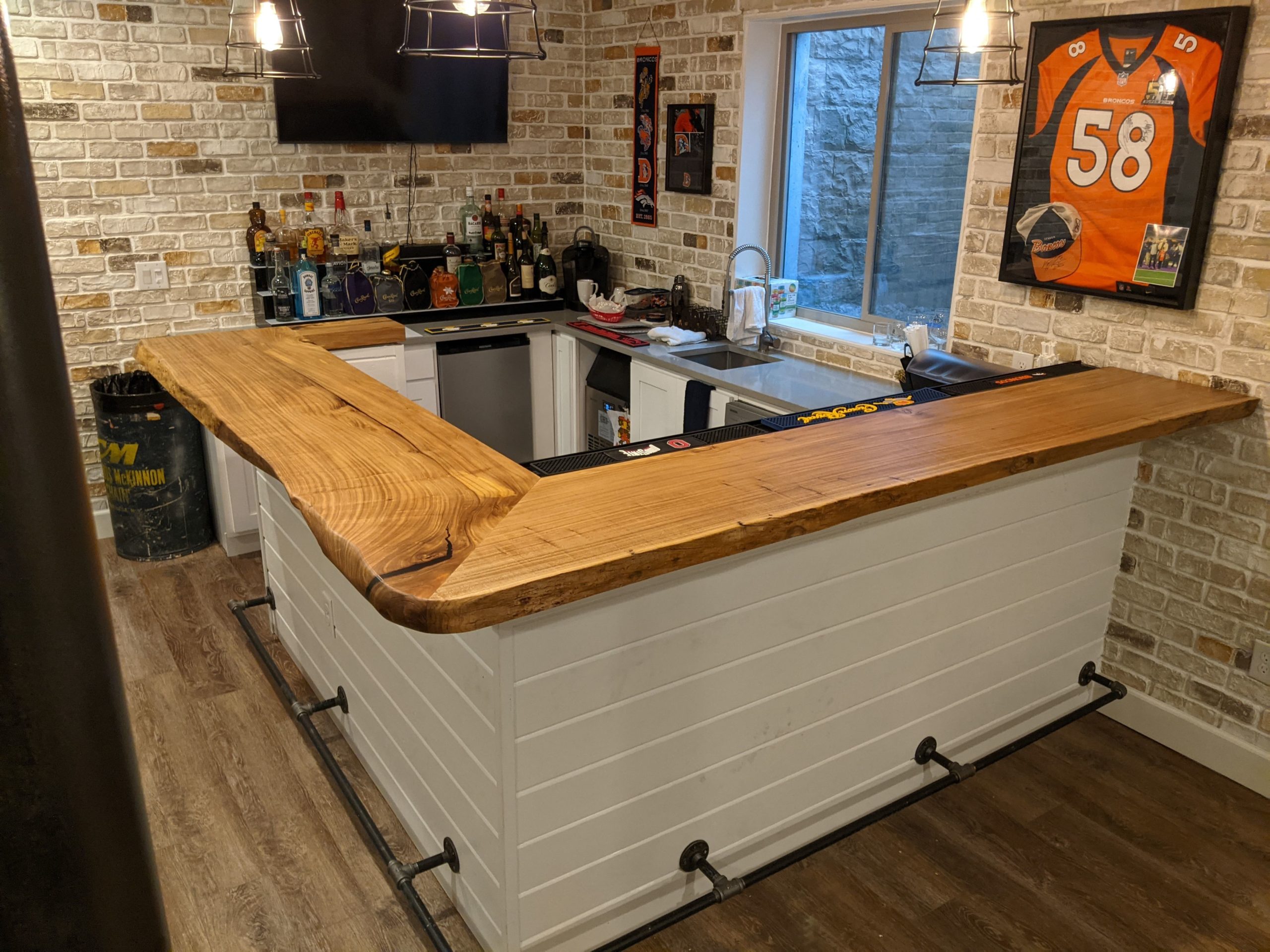 Elm Slab Bar with Steel Drink Rail