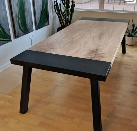 Straight Edge Elm Slab Dining Table with Steel Breadboards and Base