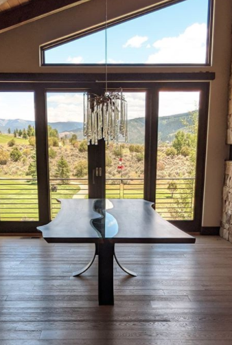 Walnut Slab and Glass River Table with Rolled Steel Base