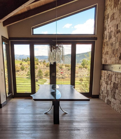 Walnut Slab and Glass River Table with Rolled Steel Base