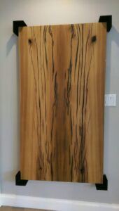 Spalted wood slab art with steel corners
