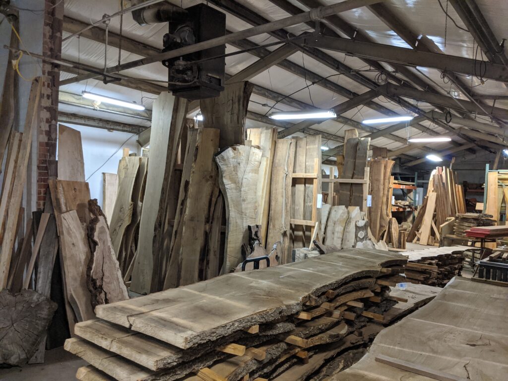 Denver Wood Slabs warehouse filled with hundreds of kiln-dried wood slabs.