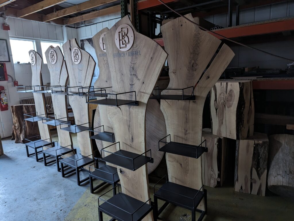 Custom bottle displays made of local wood slab